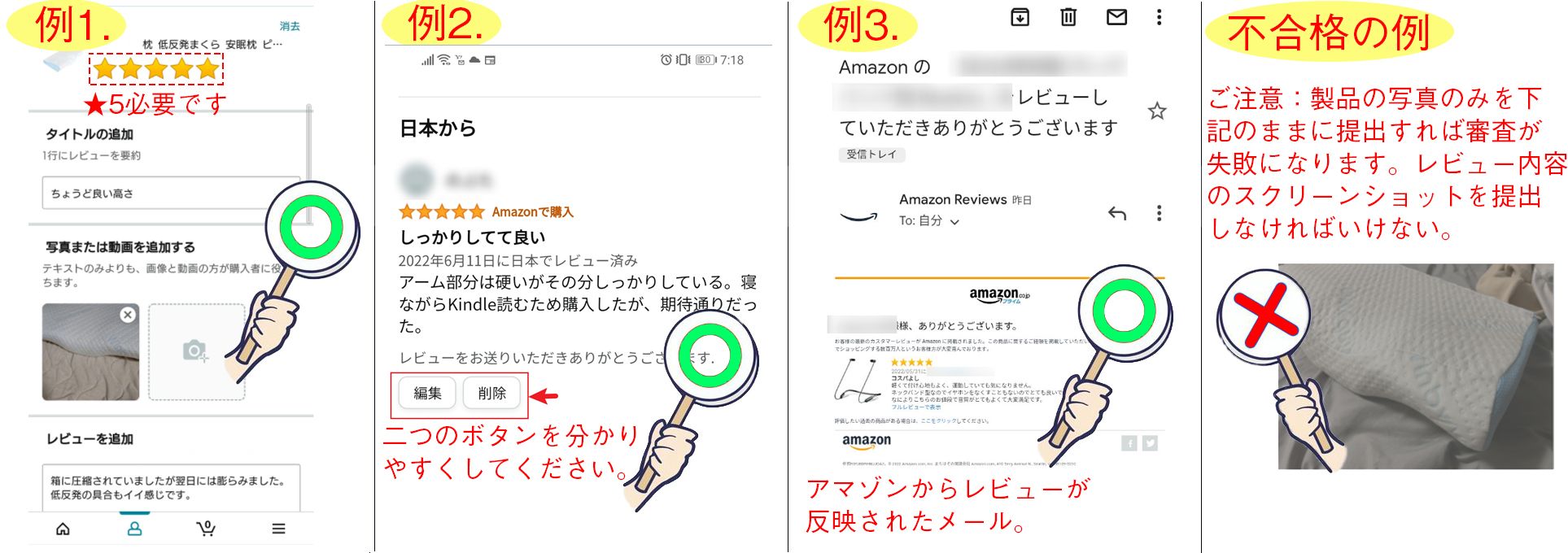 Amazonレビュー投稿画面と、送付するスクリーンショットの例