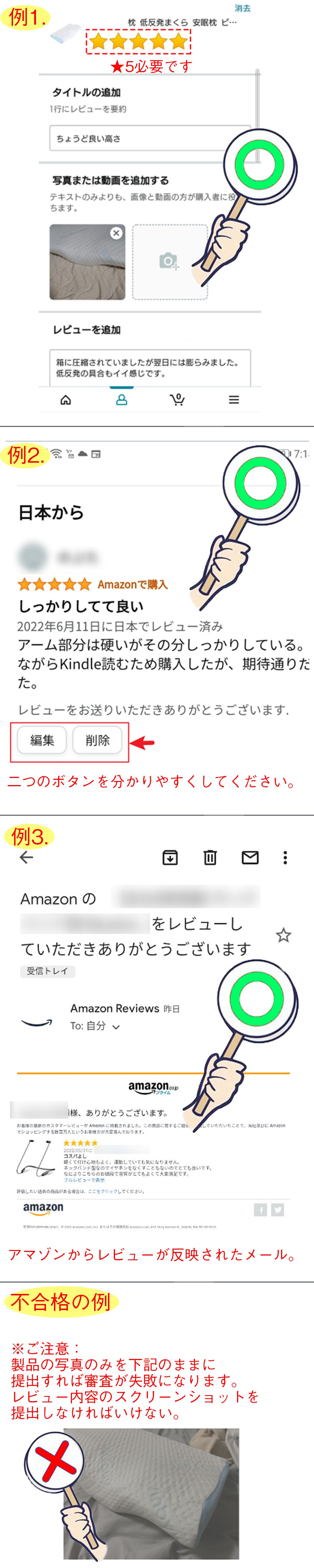 Amazonレビュー投稿画面と、送付するスクリーンショットの例